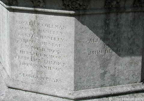 The World Wars I and II memorial in the Churchyard at Masham.