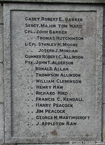 The World Wars I and II memorial on the green at Reeth.