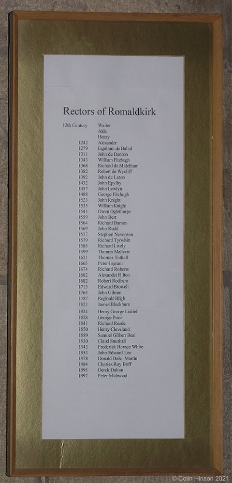 The list of the Rectors of Romaldkirk in St. Romald's Church.