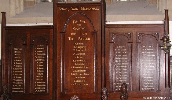 The World War I War Memorial in St. Mary's Chapel, Snape Castle.