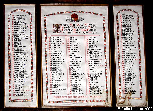 The World War I Roll of Honour in All Saints Church, Thornton Dale.