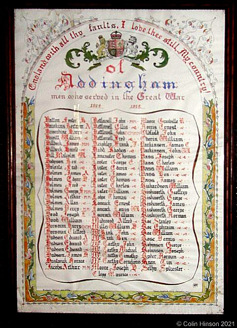 The WWI Roll of Honour in the Church at Addingham.