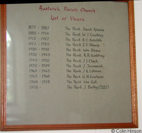 The list of Vicars for the Church of the Epiphany at Austwick.