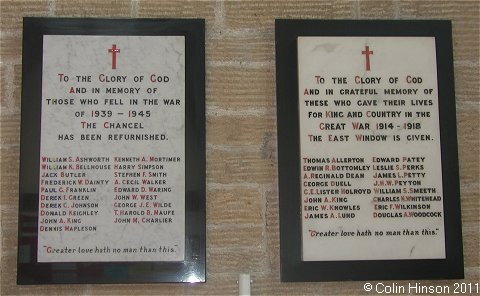 The memorial plaques in the church to those who fell in the two world wars.
