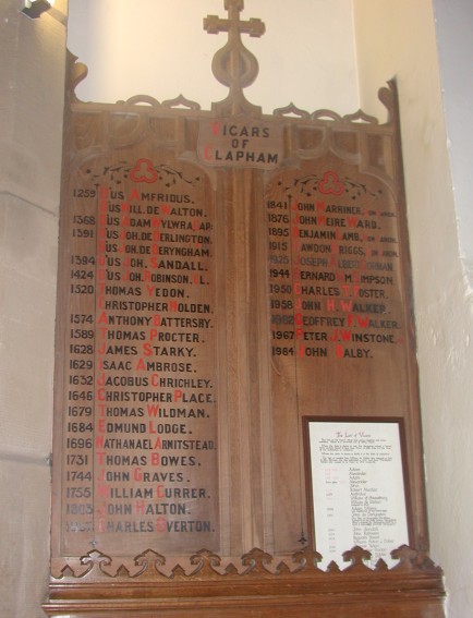 The list of Vicars in St James's church at Clapham.