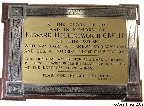 The memorial plaque to Edward Hollingworth in Holy Trinity Church, Dobcross.