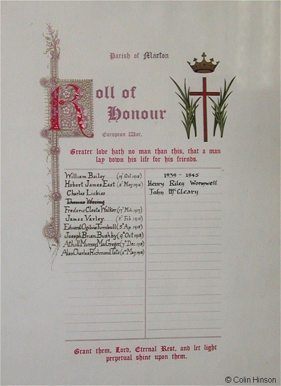The Roll of Honour in East Marton Church.