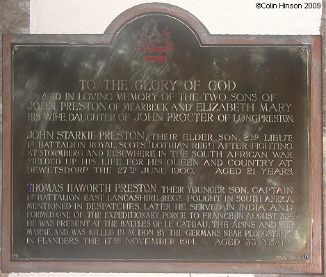 The memorial plaque to two Preston sons who died in wars (in St. Alkelda's Church, Giggleswick).