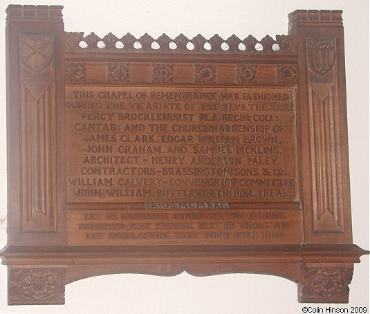 The Chapel of Remembrance plaque in St. Alkelda's Church, Giggleswick.