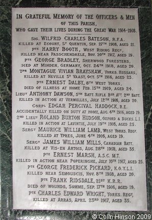 The World War I Memorial Plaque in St. Helen's Church, Kirkby Overblow.